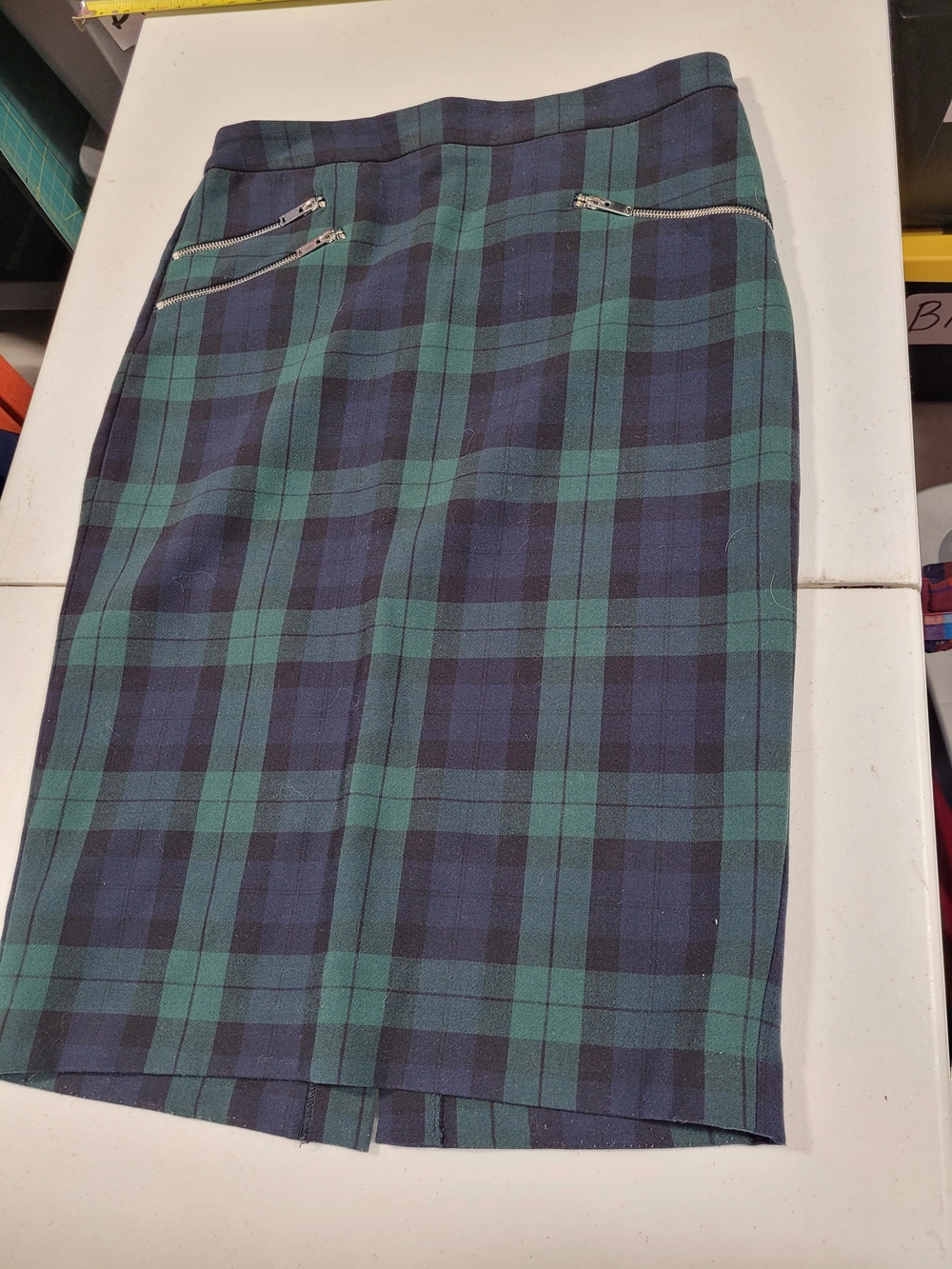 Philosophy Green and Navy Plaid Pencil Skirt with Zip Accents